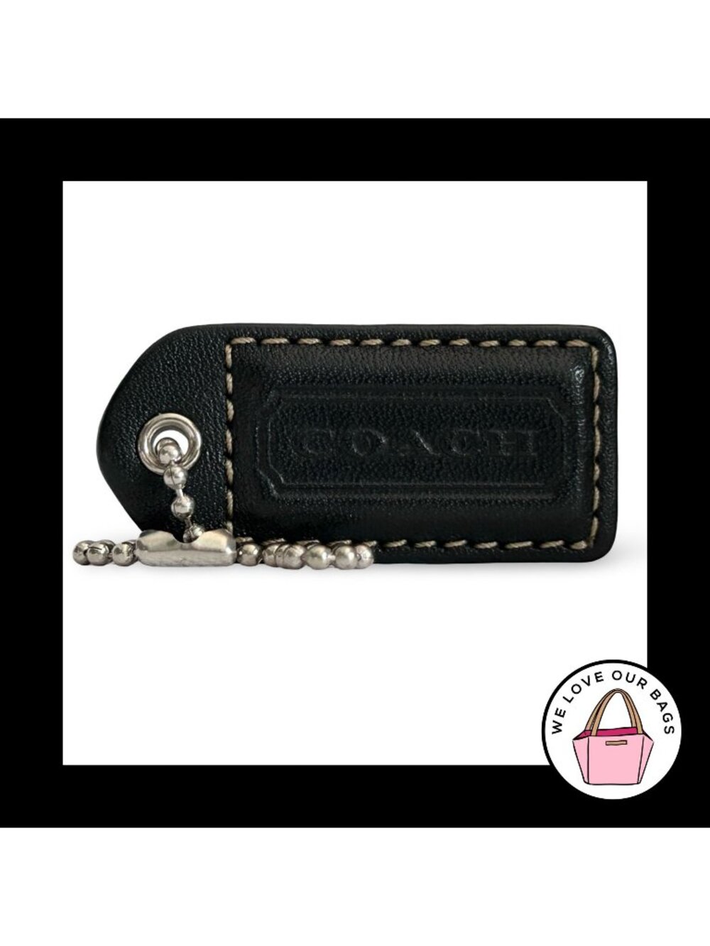 COACH Y2K VINTAGE Hang Tag 2" Black Leather Bag Charm Keychain Fob Nickel Medium